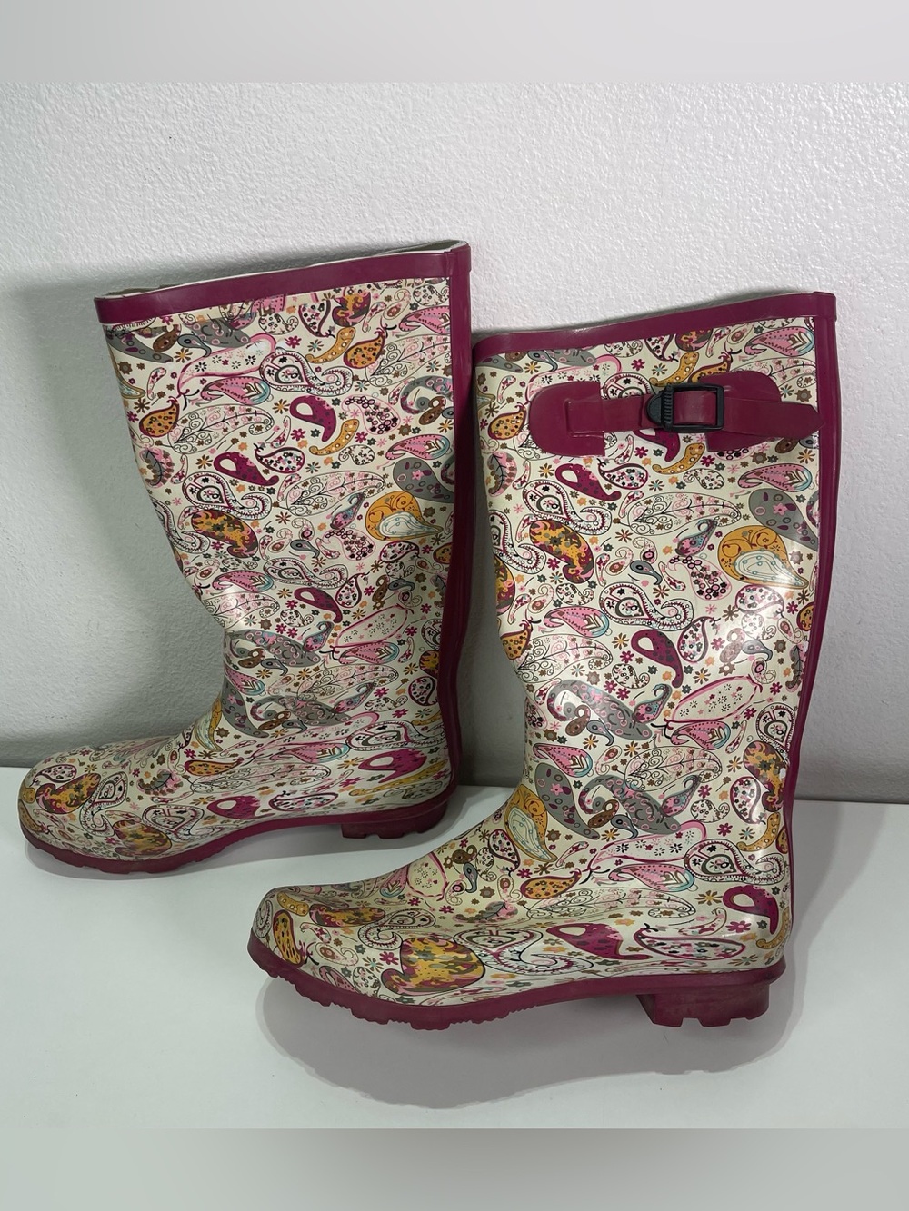 Paisley Daisy Floral Tall Rain Boots Women's 10 Colorful Outdoor Boho Whimsical